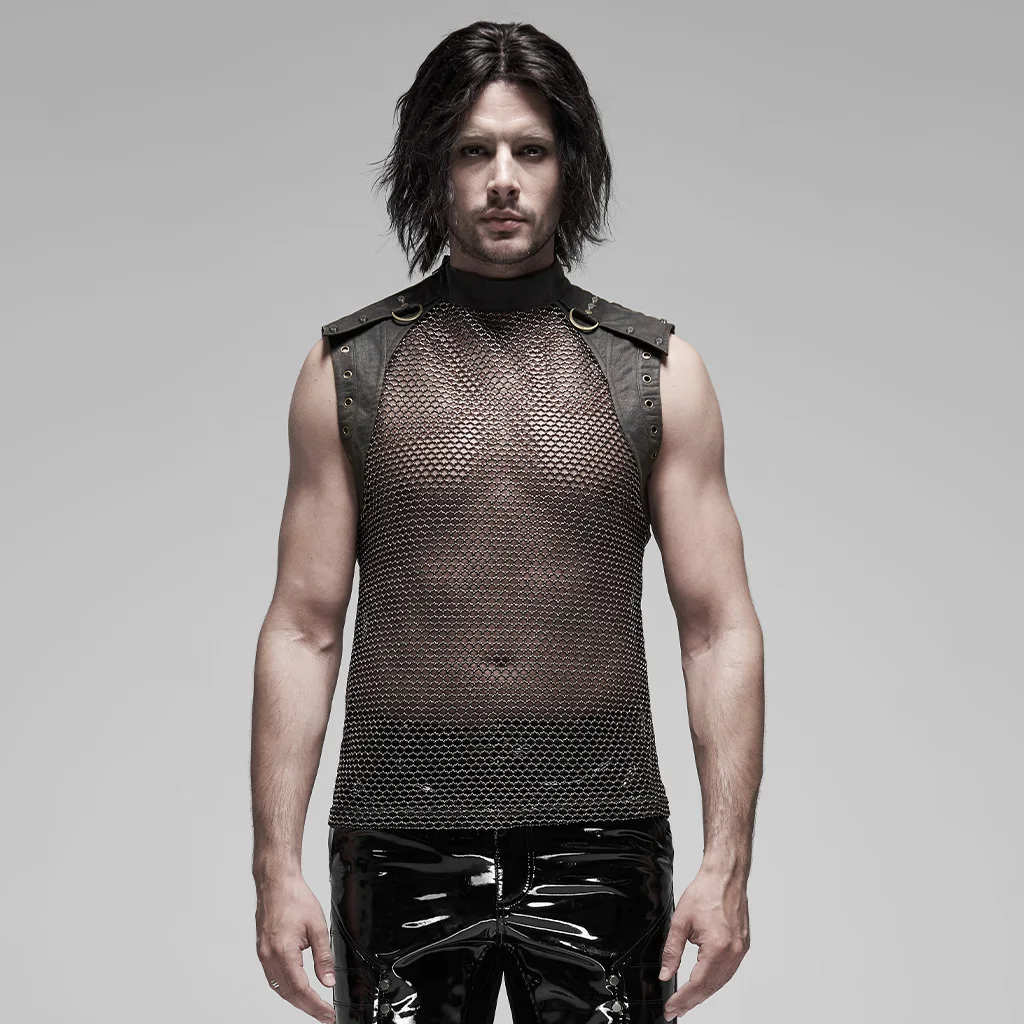 

PUNK RAVE Men's Punk See-through Sleeveless Non-elastic Mesh Vest Sexy Slim Fit Stage Performance Tanks Top with Metal Zipper