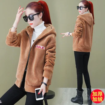 

Faux lambskin thick coat female temperament warm coat furry hooded coat