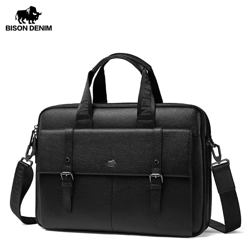 

BISON DENIM Genuine Leather Men Bag Business Casual Shoulder Bag 15.6 laptop Handbag 2020 NEW Briefase W20045