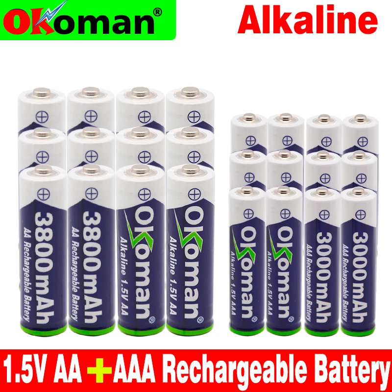 Okoman 1 5 V AAA 3000mAh Щелочная аккумуляторная батарея + 3800 mAh AA щелочная для