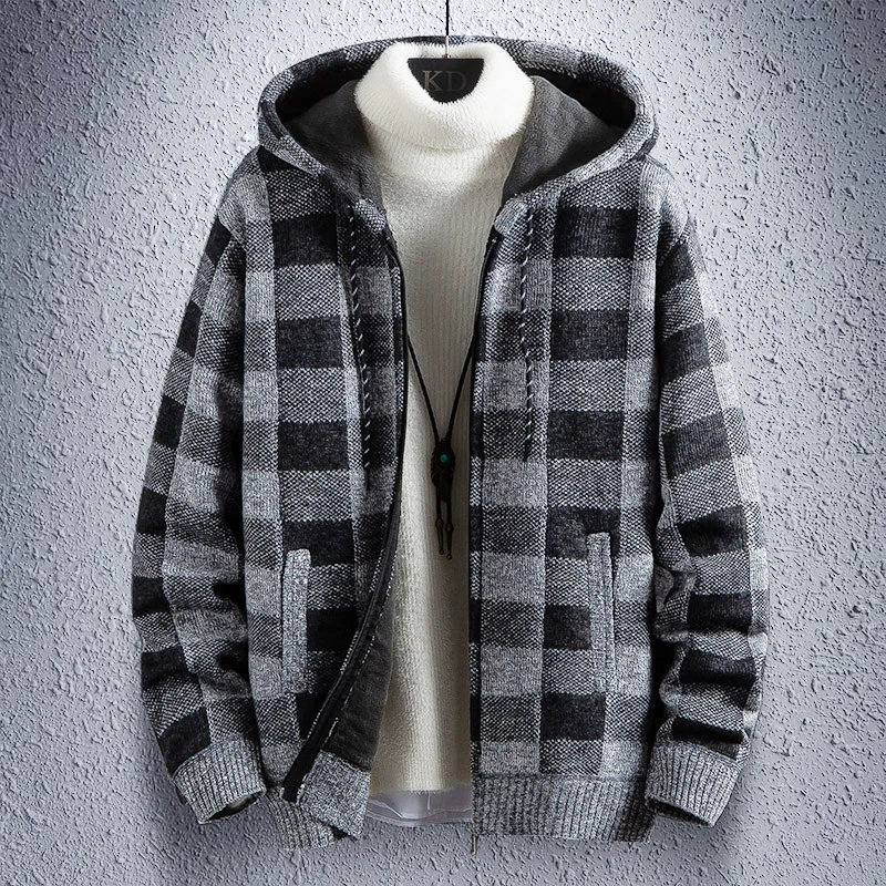 Winter warm coat fleece hooded sweater thick sweater leisure slim plaid zipper cardigan autumn and winter new menswear