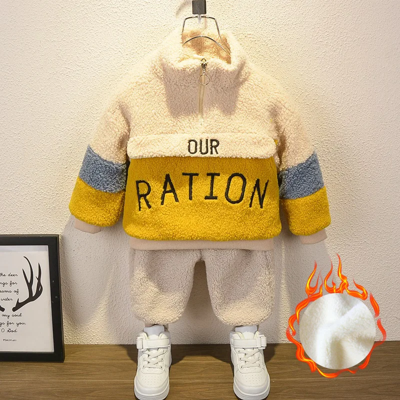 

KISBINI 2020 Winter Clothes Set For Kids Boys Lamb Wool Cotton-Padded Toddler Boys Outfits Thicken Warm Children Clothing 2PCS