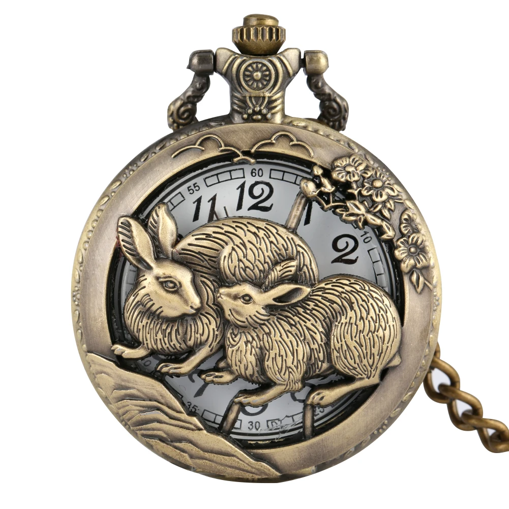 Ретро Бронзовый кварцевые карманные часы Китайский Зодиак модель стимпанк ожерелье кулон брелок часы Топ подарки унисекс relogio de bolso - Цвет: rabbit rough chain