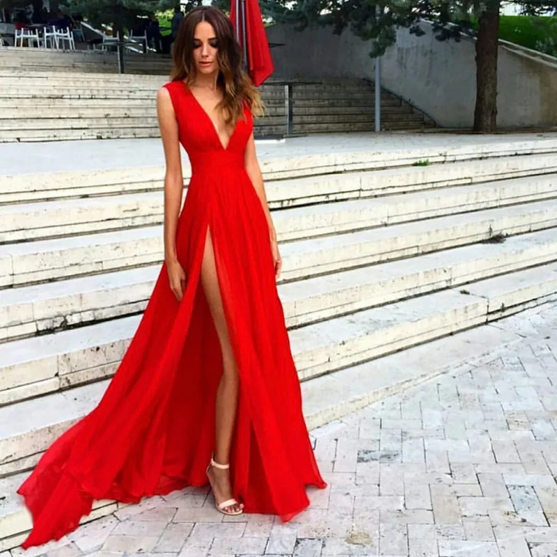 V-hals Rood Maxi Jurk Mouwloze Eenvoudige Lange Prom Dress Avondjurk Met Slit V-hals Rood Maxi Jurk Mouwloze Eenvoudige Lange Prom Dress Avondjurk Met Slit