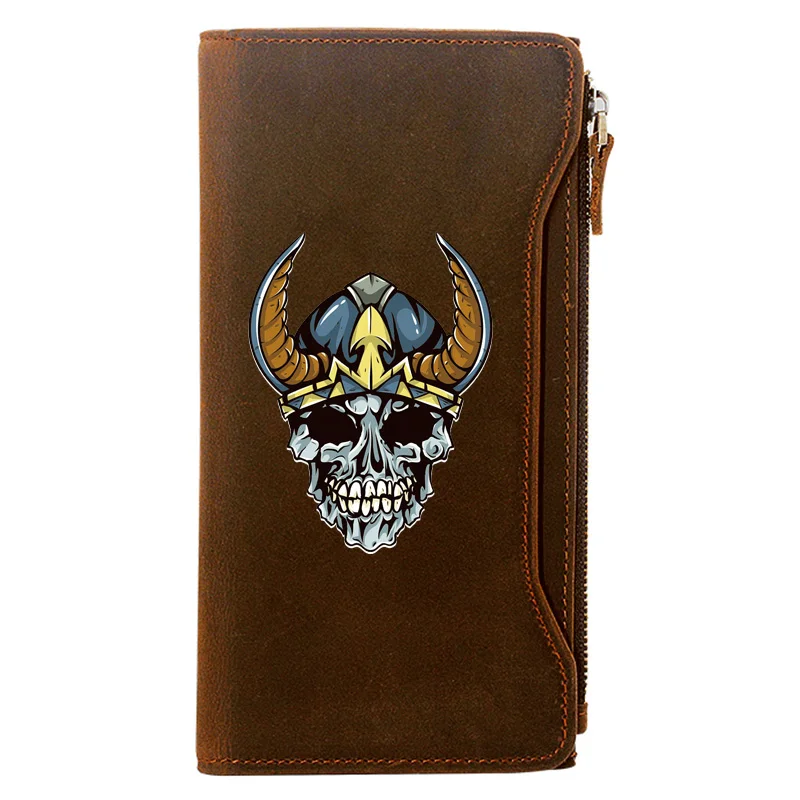 

Vintage Classic Viking Skull Genuine Leather Wallet Men Long Purse