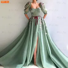 Vestito da promenade verde Prom lungo 2021 vestido de fiesta de boda una linea Appliqued Tulle Side split выпускное пл