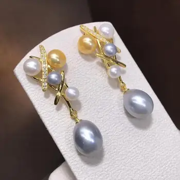 

D510 Pearl Earrings Fine Jewelry 925 Sterling Silver Water Drop 8-10mm Nature Fresh Water Gray Pearls Drop Dangle Earrings