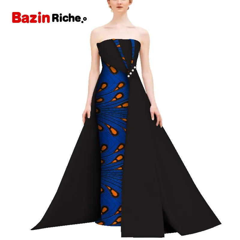 Африканский принт длинное платье с русалочкой для Для женщин Bazin Rich от плеча до пола-Длина платья африканский дизайн Костюмы WY5111