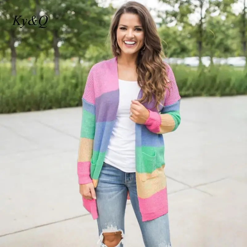 Brand Runway 2019 Women Fashion Rainbow Contrast Striped Long Sweet Cardigan Sweater Loos Lazy Style Sleeve Knit Coat Tide |
