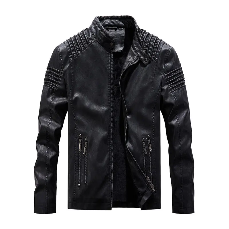 FGKKS мужские мотоциклетные кожаные куртки, осенние мужские модные теплые куртки из искусственной кожи, мужские высококачественные удобные кожаные куртки - Цвет: Black