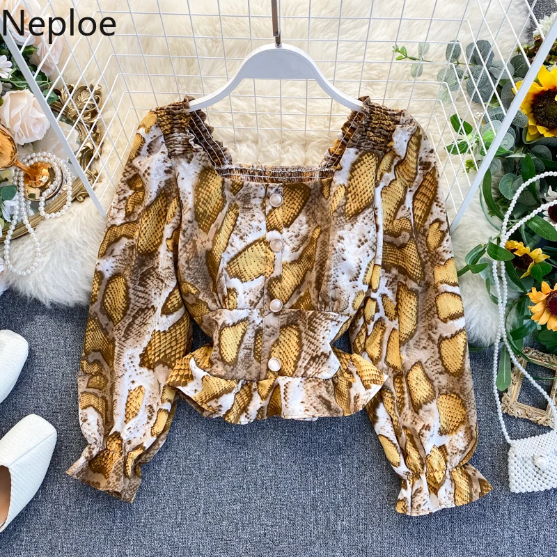 Neploe, сексуальный змеиный принт,, Женская Осенняя рубашка, блуза, Ретро стиль, квадратный вырез, длинный рукав, эластичность, тонкая талия, модные топы 56412