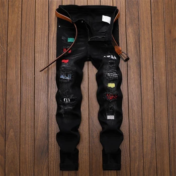 

Fashion Streetwear Men Jeans Destroyed Patches Designer Elastic Ripped Jeans Men Badge Spliced Hip Hop Jeans Men Pencil Pants