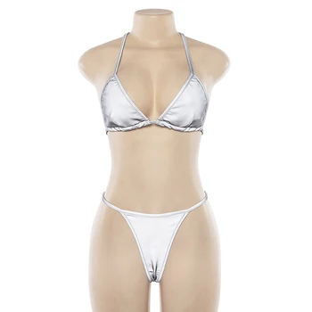 

Halter Neck Triangle Bra Beach Fashion Summer Polyester Sexy 2 In 1 Swimsuit Backless Grey Bikini Set Low Waist T Back