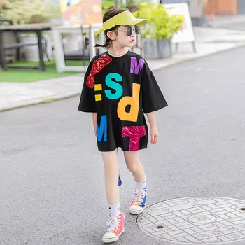 

Girls Summer Sequined Short-Sleeved T-shirt 2020 New Korean Big Girls Long Loose T-shirt