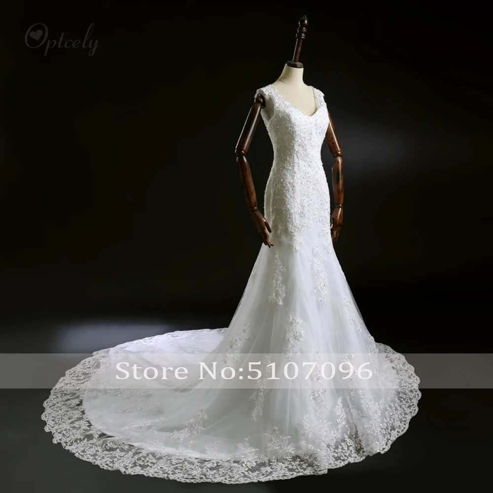 Optcely Sexy Mermaid V-neck Sleeveless Elegant Sweep Train Wedding Dresses Lace Appliques Beaded beautiful Bride Princess Gowns