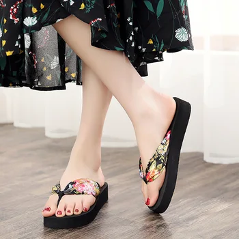 

2020 Summer Women Sandals Bohemian Satin Cloth with Women's Thick Bottom Slope Herringbone Slippers Beach Shoes Women Flip Flops