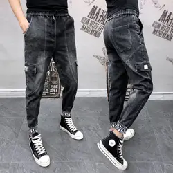 Черные джинсы мужские модные Ретро Промытые повседневные джинсовые брюки на шнурке мужские уличные дикие хип хоп свободные джинсы брюки