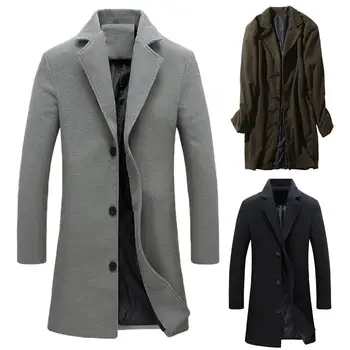 

Men Winter Black Coats Lapel Collar Wool Blend Single-breasted Pockets Trench Coat manteau homme пальто мужское keep you warm