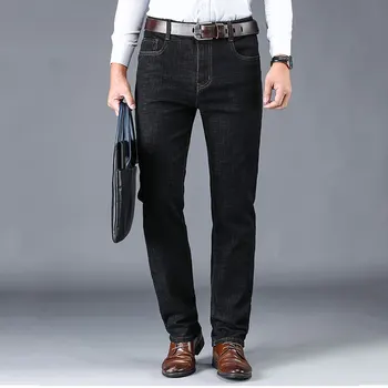 

Color: Black Blue 2019 New Elastic High waist Loose Straight Business Men's jeans 2019 Autumn New Men's Denim trousers