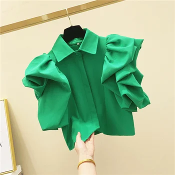 

Puff Sleeve Chiffon Short-sleeved Shirt Women's 2020 Summer Korean-style Loose-Fit Short Blouse Ladies Green Crop Tops Blusas