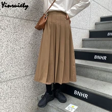 Японская уличная одежда Харадзюку Faldas Mujer Moda, высокая талия, цвета хаки, черный, плиссированные юбки средней длины, Женская винтажная элегантная юбка для девушек