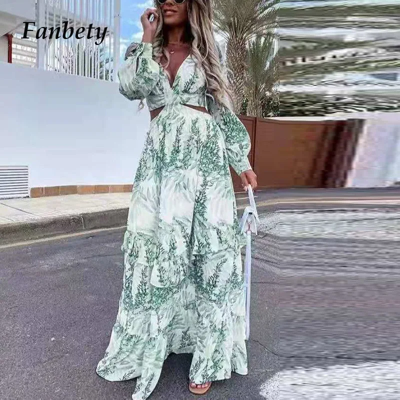 

Sexy Deep V-Neck Hollow Out Dress Women Elegant Tie-Dye Ruffle Party Maxi Dress Summer Fashion Long Sleeve Loose Dress Vestido