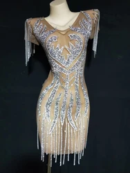 Silver Rhinestone Fringed Transparent Short Dress Latin Dance Dress Gogo Stage Performance Costumes Ds Show Mesh Outfit Dj Pole