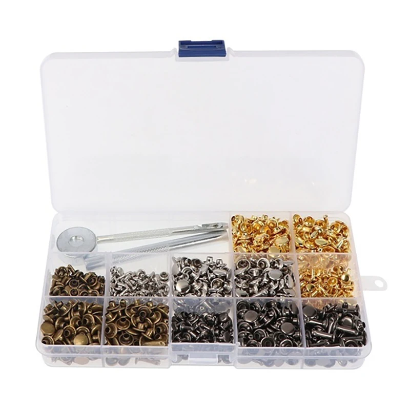 480/360PCS Leather Double Cap Rivets Metal Tubular Rivets for Leather Craft Repairs Decoration with Punch Pliers Fixing Tools