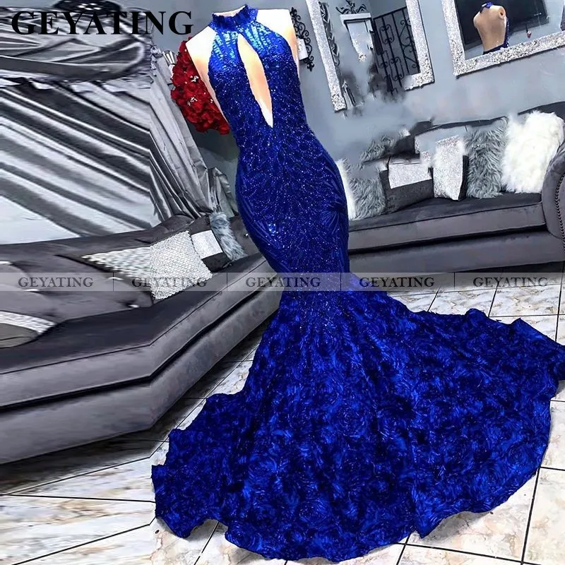 Sexy Keyhole Hoge Hals 3D Bloemen Mermaid Royal Blue Prom Jurken Voor Zwarte Meisjes Lange Graduation Gowns Afrikaanse Formele Gala jurk Sexy Keyhole Hoge Hals 3D Bloemen Mermaid Royal Blue Prom Jurken Voor Zwarte Meisjes Lange Graduation Gowns Afrikaanse Formele Gala jurk