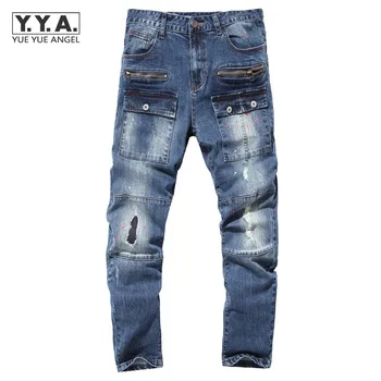 

Personality Mens Distressed Denim Pants Casual Loose Patchwork hole Fashion Jeans Pockets Zipper High Street Straight Trousers
