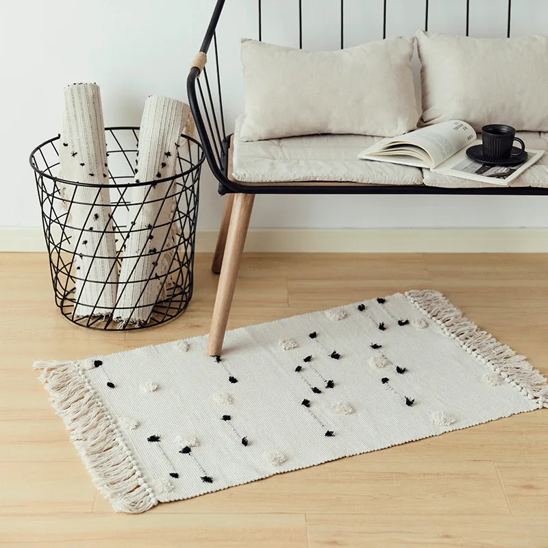 

Bedside rug carpet bohemian cut flower circle 60x90 Tufted tassel floor mat modern simple white area rug home absorbent foot mat