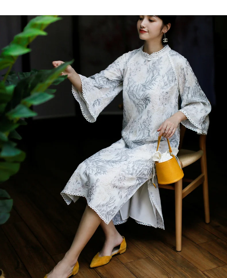 ROJAY Cheongsam длинное изящное платье молодой Ципао китайский современный стиль Прямой полный вышивка китайский воротник