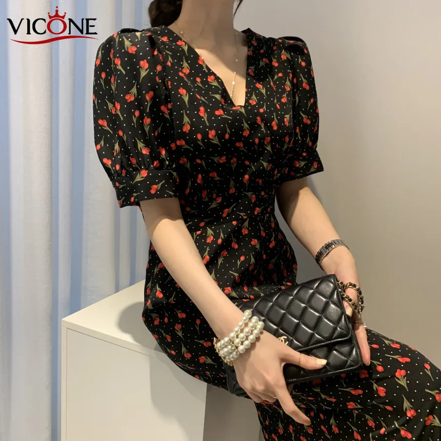 

VICONE Elegant chic French v-neck accept waist tulip flower long dress