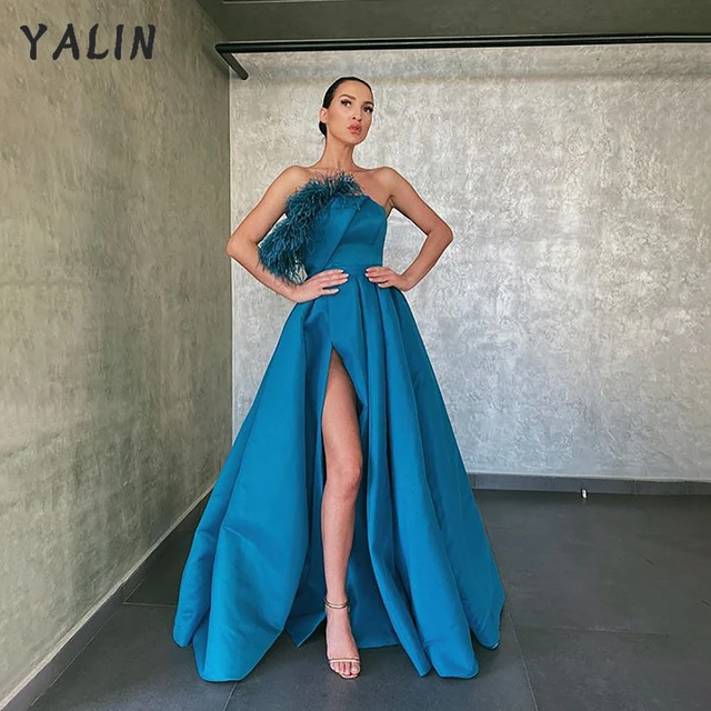 Fashion Peacock Blue Chiffon Evening Dresses One Shoulder Beading Crystals  Long Prom Dress Pretty Formal Party Gowns - Evening Dresses - AliExpress