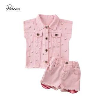 

2020 Baby Summer Clothing 2PCS Infant Baby Girl Denim Clothes Pearl Vest Tops Waistcoat+Shorts Pants Outfit