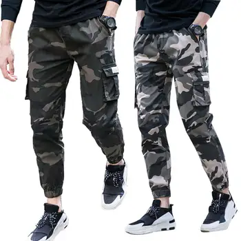 

Camo Men Thin Multi-Pocket Ankle Tie Elastic Waist Straight Cargo Pants Trousers Loose Straight Camouflage Overalls Men Pants