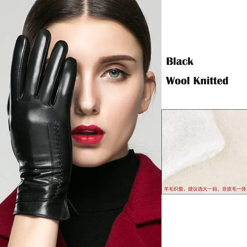 black wool knitted Настоящие кожаные женские перчатки осень зима короткий стиль высокое качество козья кожа плюс бархат держать тепло вождения женские перчатки K31 - Цвет: black wool knitted