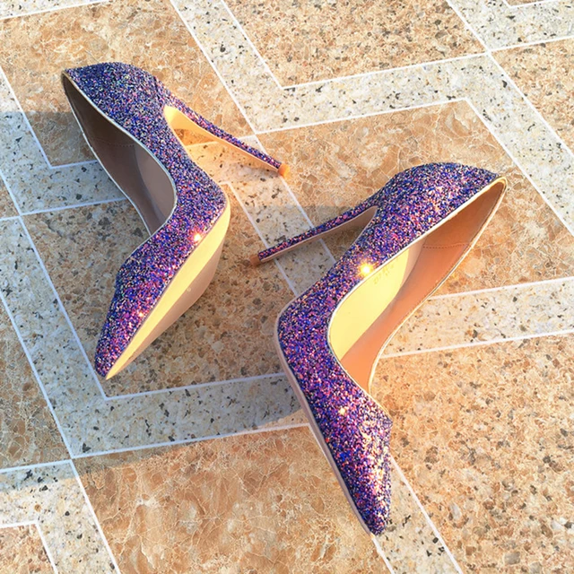 Veowalk Glitter Purple Sequined Women Pointy Toe High Heel Wedding Party  Shoes Sparkly 8-12cm Stiletto Pumps Big Size 33-45