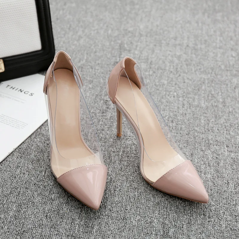 

Womens High Heels Pointed Toe Single Shoes Transparent Splice Nude Color High Heel Stiletto Female Pumps Wedding Shoes