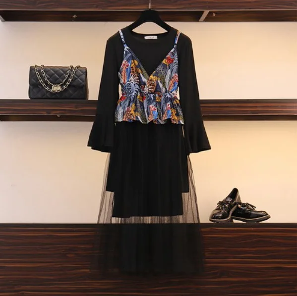 

2019 Large Size Dress Fat Camisole Joint Gauze Waist Hugging Dress Three-quarter-length Sleeve Tops Two-Piece Dress