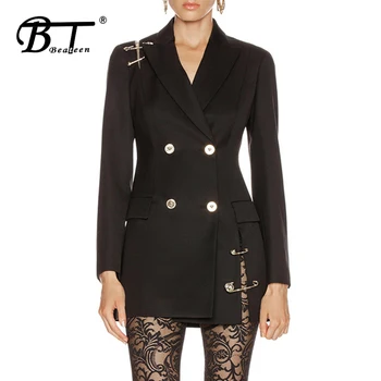 

Beateen 2019 Autumn New Collection Blazer Women Notched Collar Long Sleeve Double Breasted Split Pin Black Coat