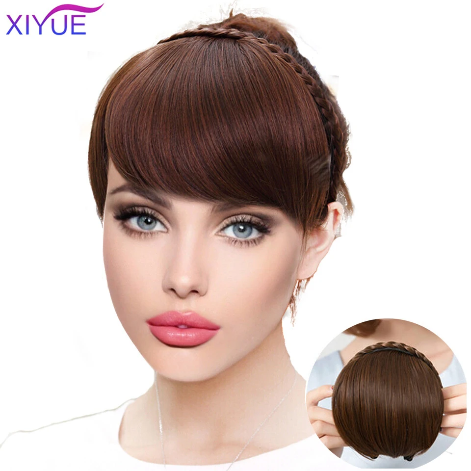 

Synthetic Fake Bangs Hair Neat Fringe Bands With Double Row Braids Headband Heat Resistant Bangs in Hair Extensions Hairpieces