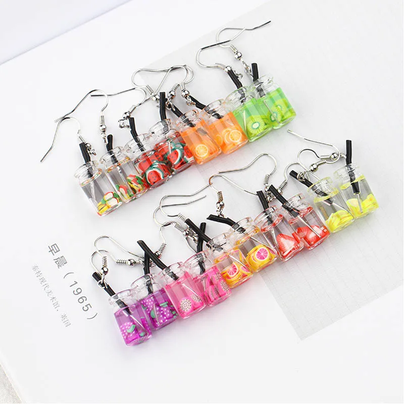 

Korean cute personality creative fruit lemon pearl milk tea cup earring Fun girl funny earrings Free shipping Gifts for girls