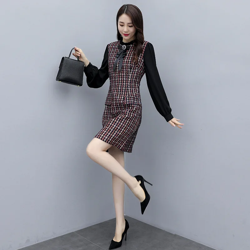 

Korean-style Ol Sweet Autumn New Style Graceful Tweed Joint Elegant Elegant Fashion Ladies' Casual Dress