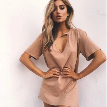 

Summer Blockbuster Pure Sexy V-collar Short Sleeve Loose T-shirt Dresses Short Sleeve Plus Size Fashion Elegant Women's Clothing