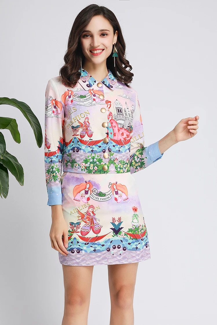 MoaaYina/модный Дизайнерский Костюм, весенне-осенний женский топ с длинными рукавами и рисунком+ короткая юбка, элегантный комплект из двух предметов