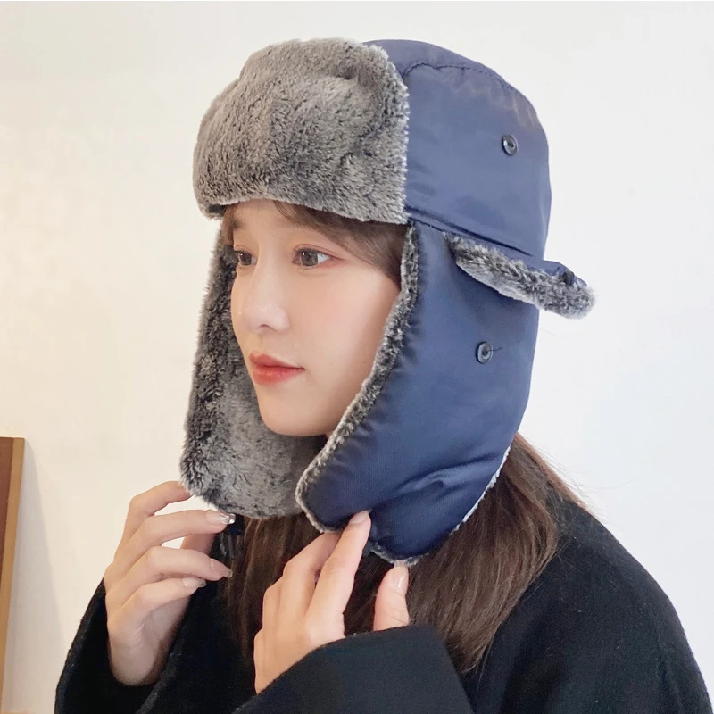 Winter Hat Earflap Hat Faux Fur Hat Female Winter Ear Protection Adjustable Ushanka Hat Unisex Russian Ski Solid Fluffy Faux Fur Cap Fashionthick Warm Caps
