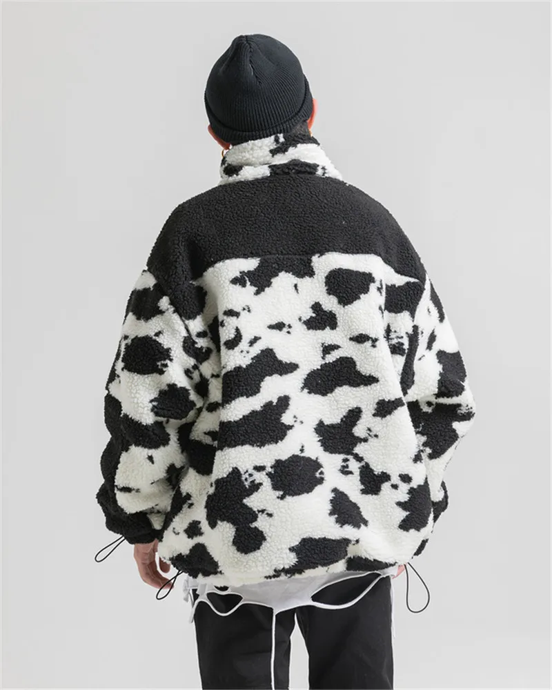Winter Thick Oversize Cow Contrast Color Parka Coat Polka Dot Vintage Fleece Zipper Pocket Jacket Men Hip Hop Swag Black/White