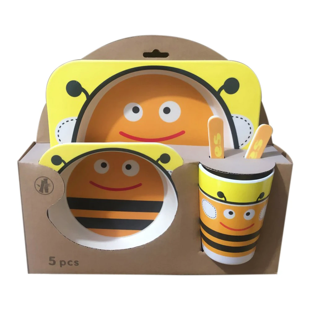 Yellow Bee 5 шт. вилки милые Мультяшные тарелки для пикника из бамбукового волокна столовая посуда для детей ложка для кормления Детская Посуда Набор тарелка миска портативная чашка - Цвет: Yellow Bee