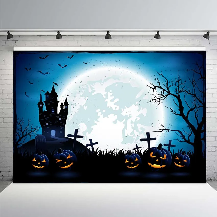 

Halloween Party Photography Backdrop Pumpkin Eerie Cemetery Castle Moon Night Backgrounds Photo Both Custom Photo Backdrop